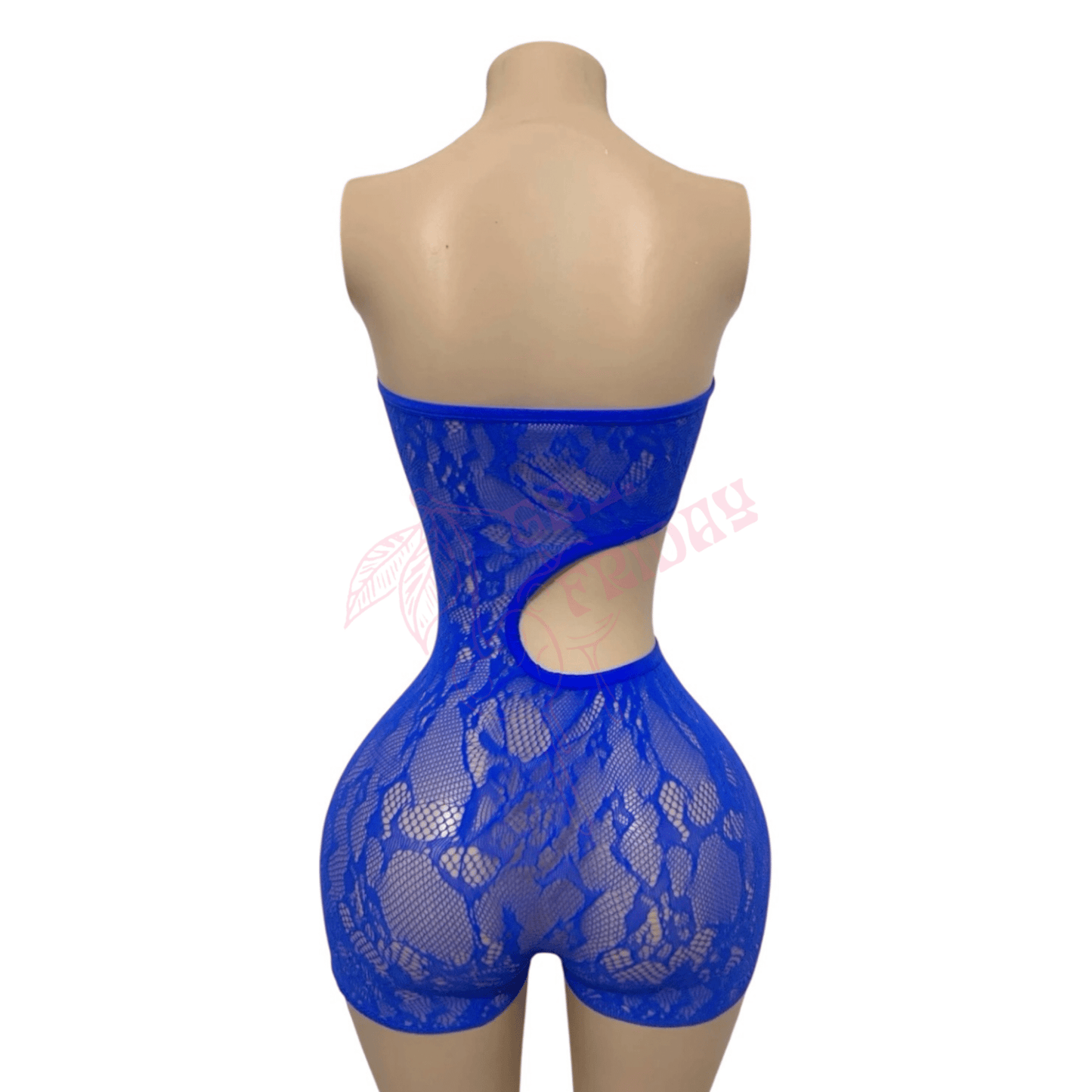 Blue Strapless Floral Lace Up Side Cutout Fishnet Mesh Shorts Romper Bodystocking - 2 Piece Set - GrlFriday Shop