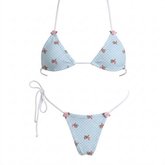 Blue + White Gingham Microkini with Flowers