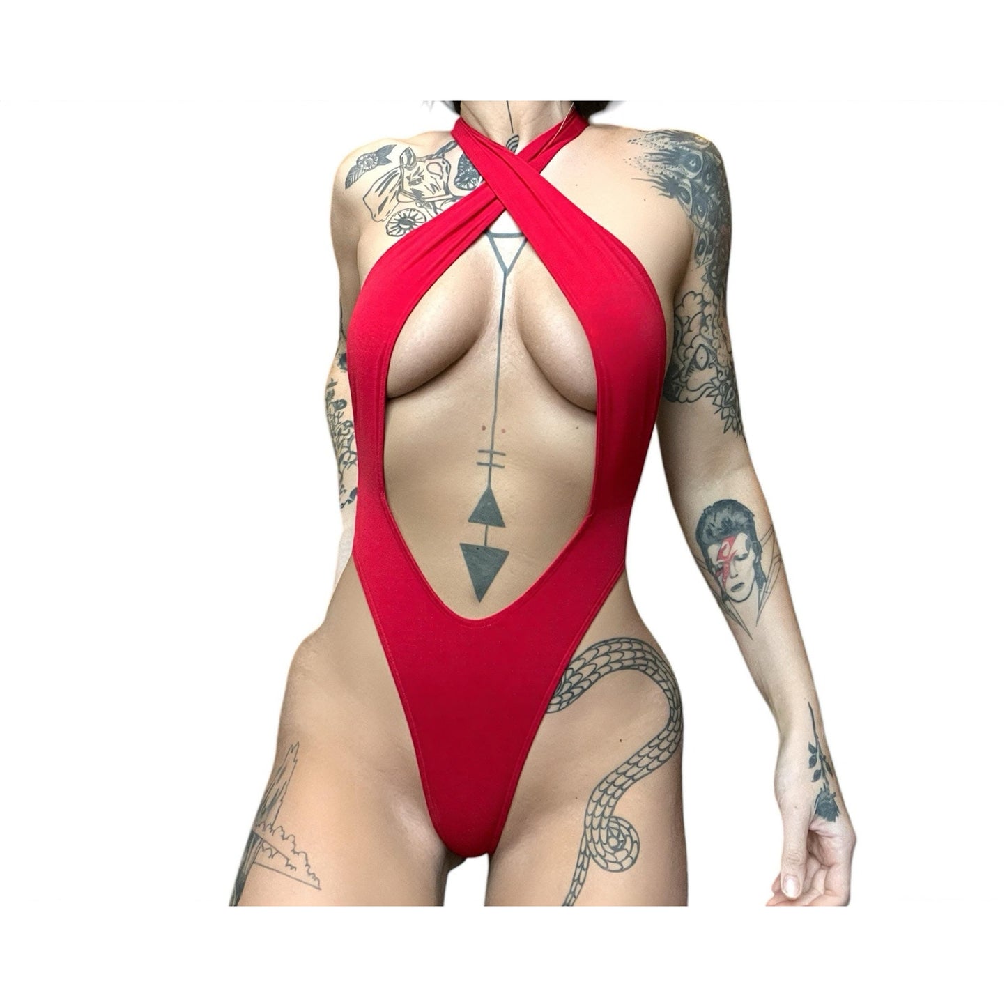 Criss-Cross Thong Stripper Bodysuit - Cherry Red