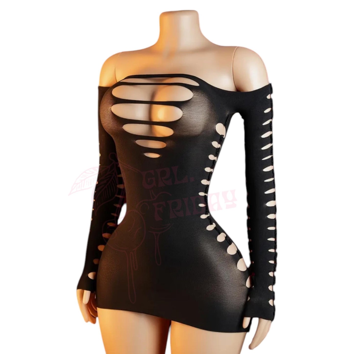 Black Sheer Shredded Long Sleeve Mini Dress