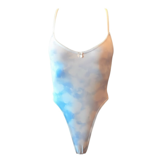 Retro High Thigh Thong Bodysuit- Blue + White Clouds