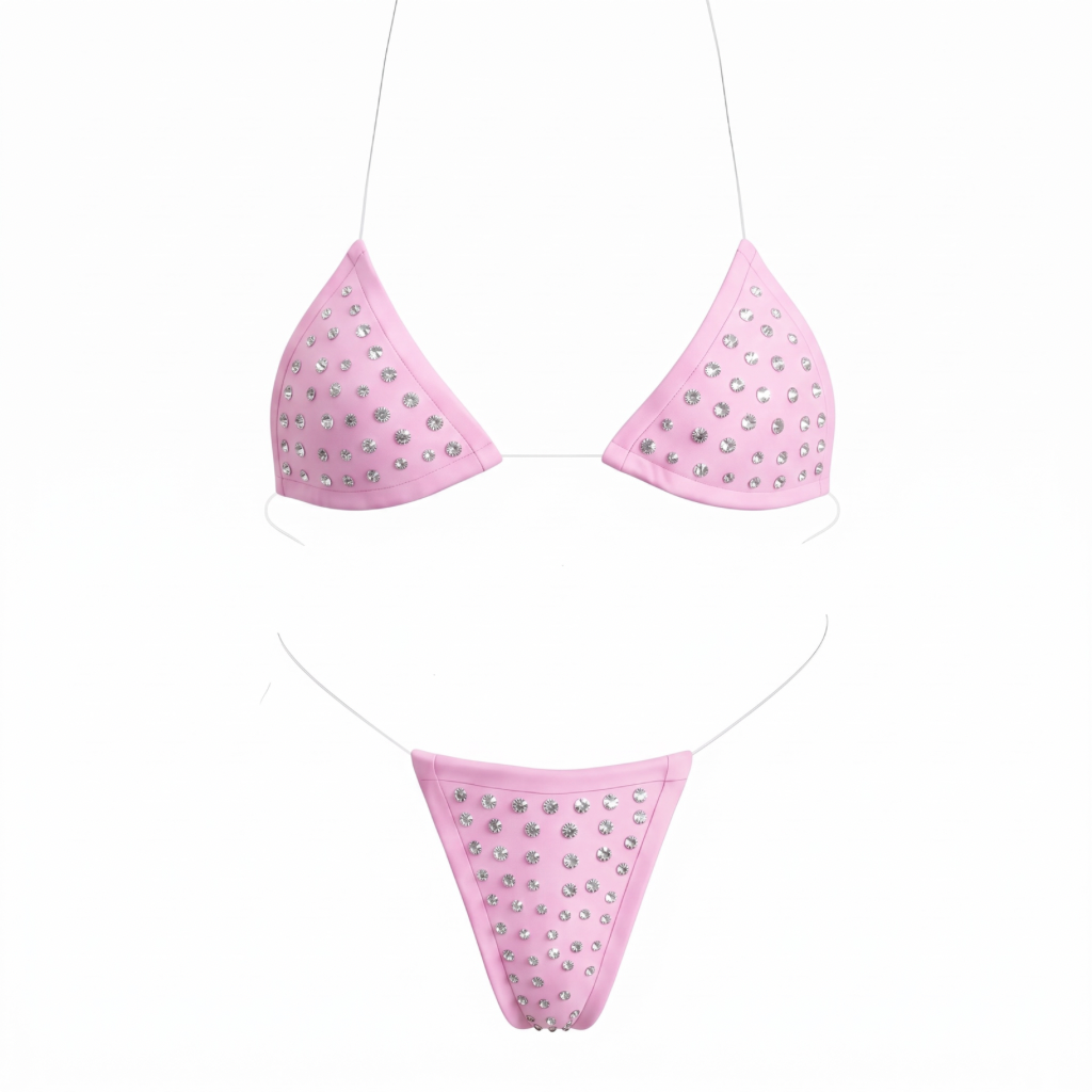 Rhinestoned Bling Microkini Set - Baby Pink
