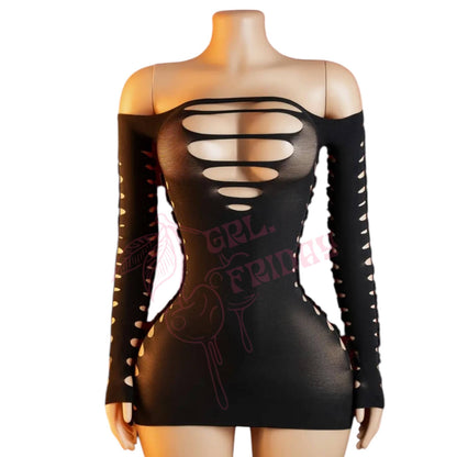 Black Sheer Shredded Long Sleeve Mini Dress