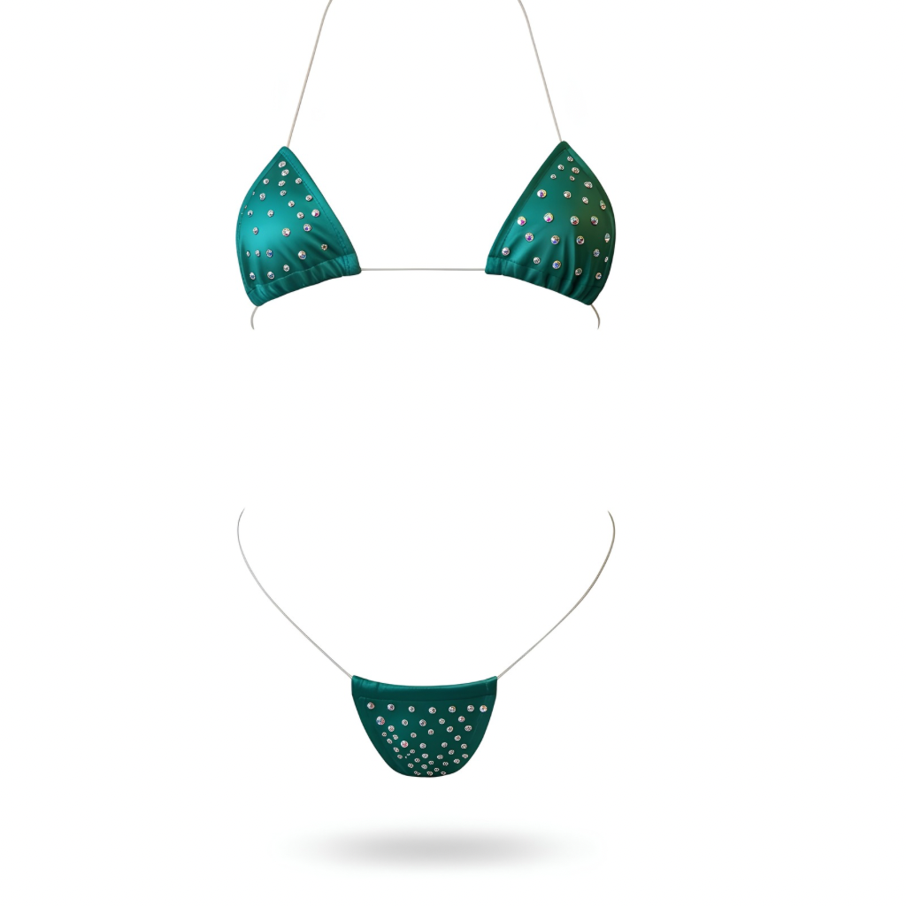 Rhinestoned Bling Microkini Set - Emerald Green