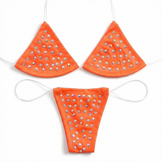 Rhinestoned Bling Microkini Set - Orange