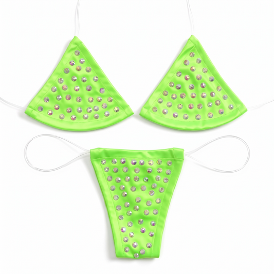 Rhinestoned Bling Microkini Set - Lime Green