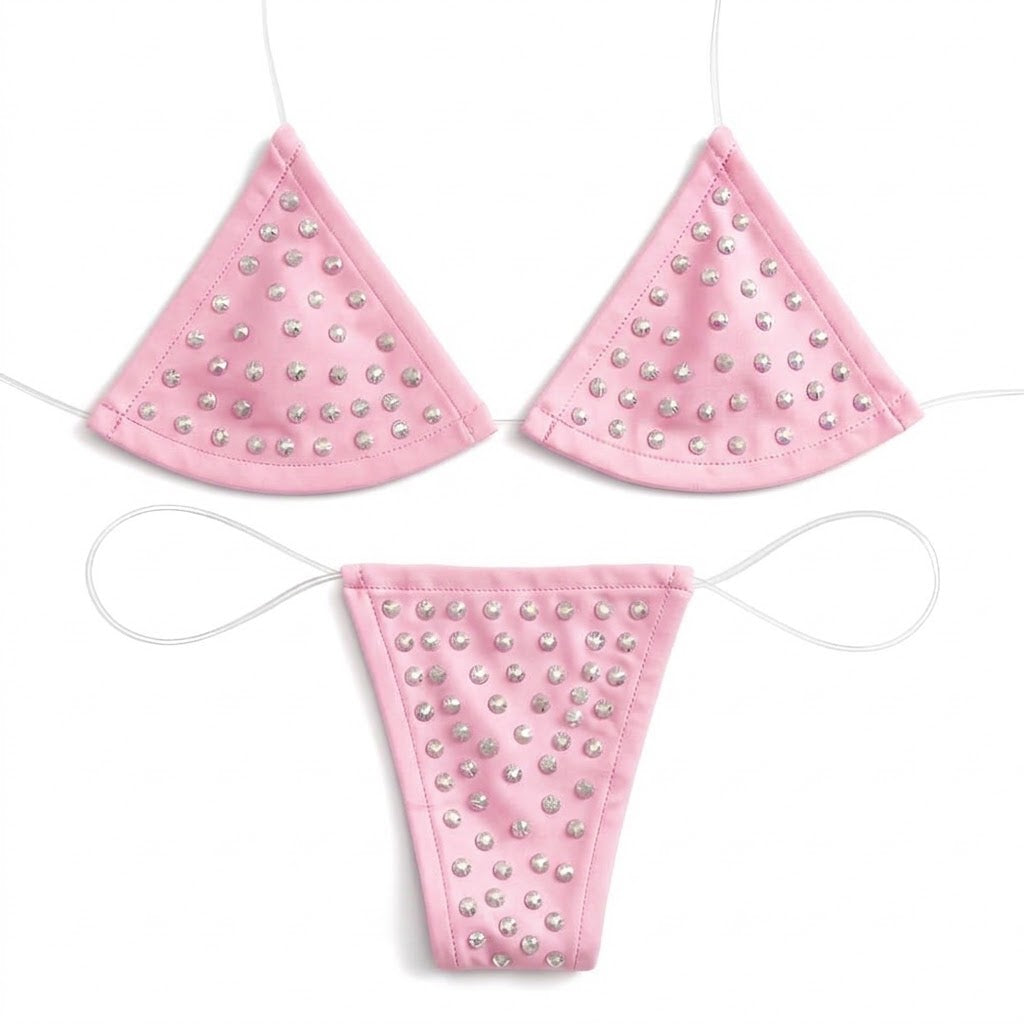 Rhinestoned Bling Microkini Set - Baby Pink