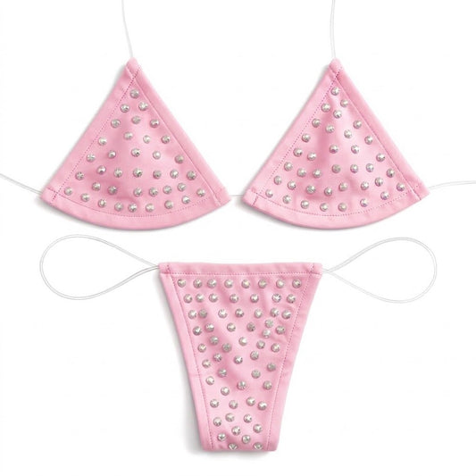 Rhinestoned Bling Microkini Set - Baby Pink