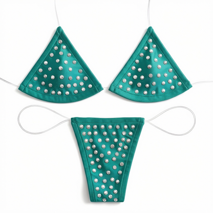 Rhinestoned Bling Microkini Set - Emerald Green