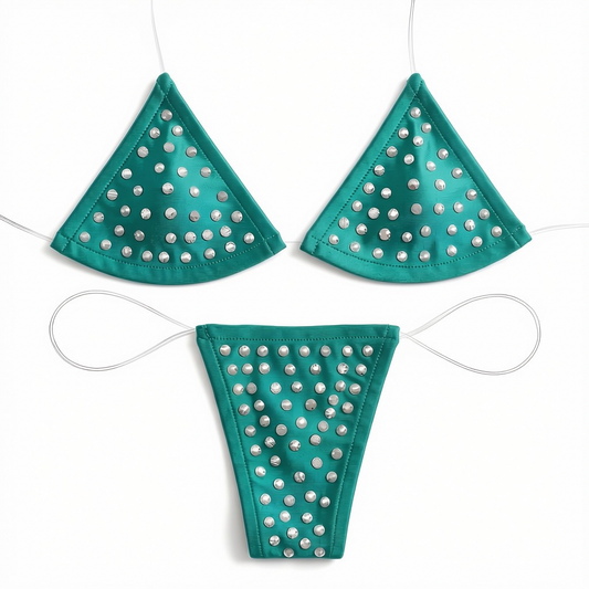 Rhinestoned Bling Microkini Set - Emerald Green