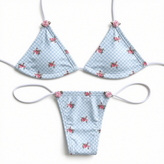 Blue + White Gingham Microkini with Flowers