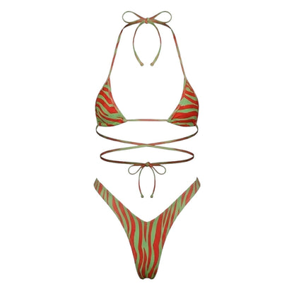 Acid Green + Poppy Red Zebra Print Retro Micro Mini Bikini Set - GrlFriday Shop