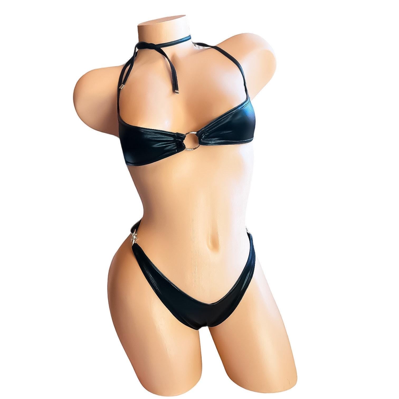 Black Faux Leather Halter Bikini with Barb Wire Connectors - GrlFriday Shop