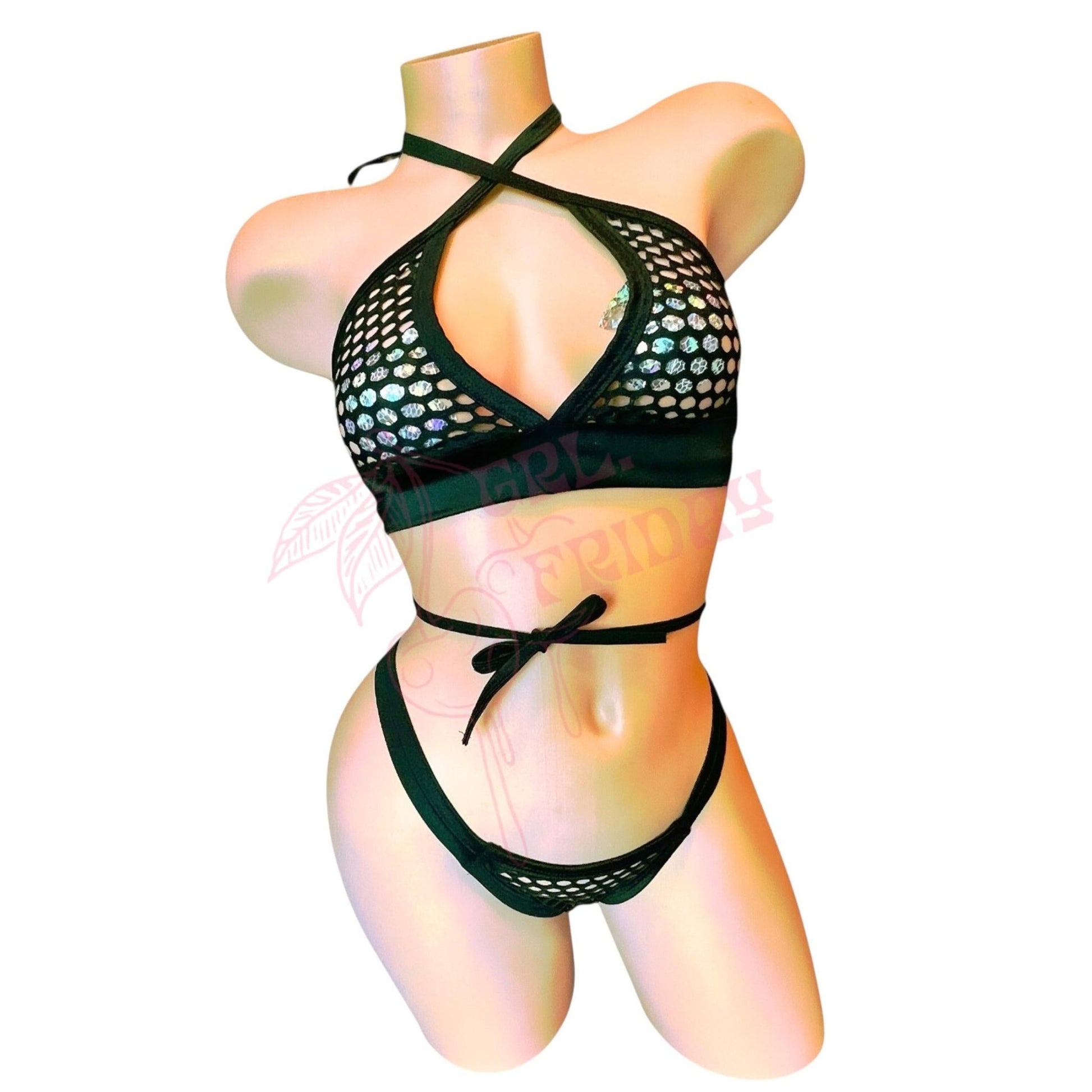Black Fishnet Comfort Cut Thong Bikini Set - String Bikini - GrlFriday Shop