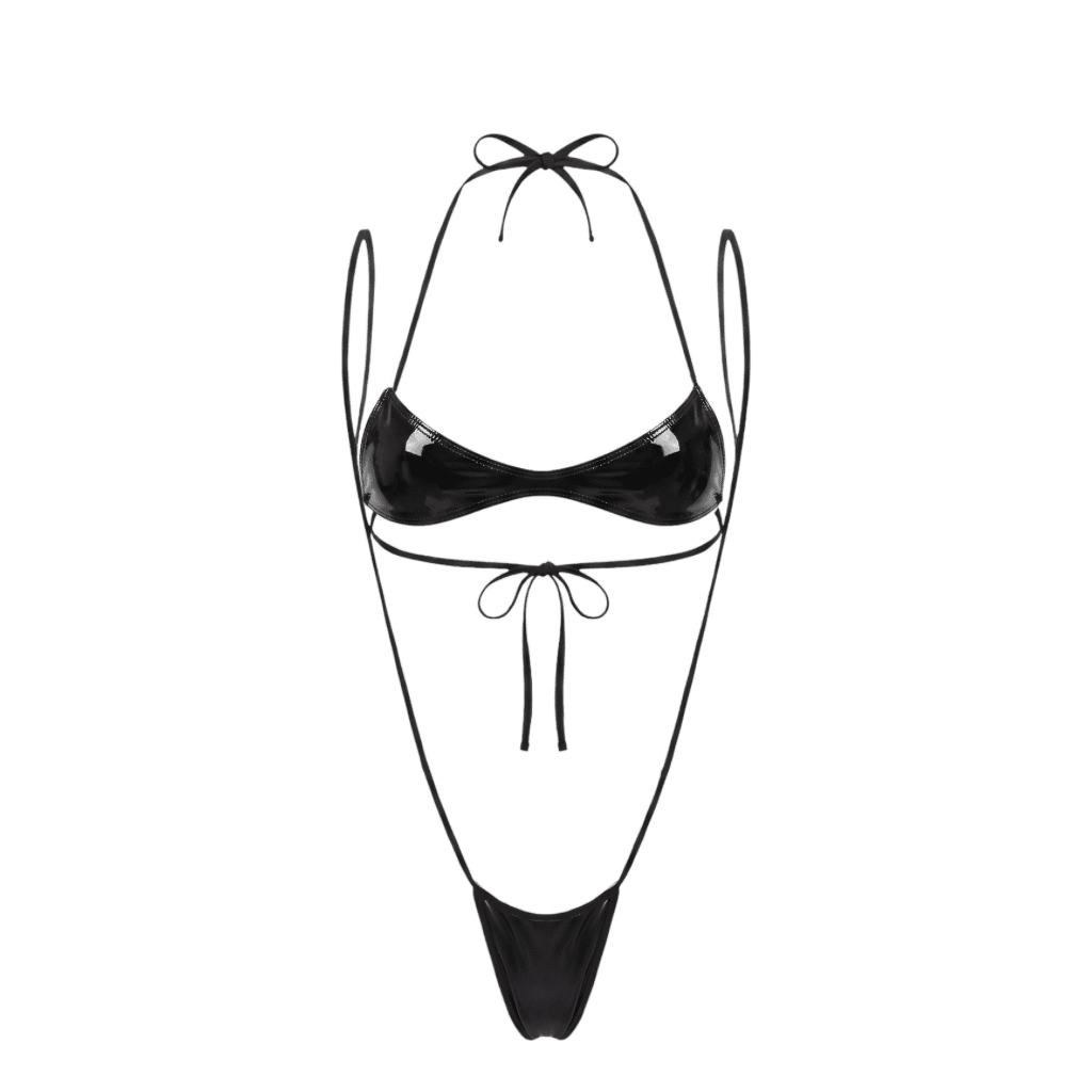 Black Latex Look Nanokini Micro Slingshot Bikini Set - GrlFriday Shop