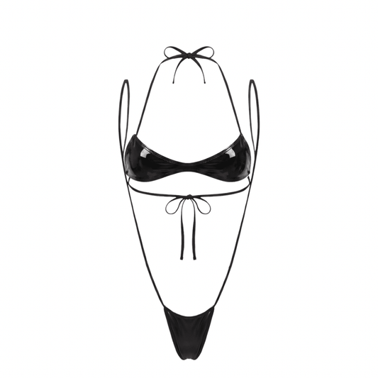 Black Latex Look Nanokini Micro Slingshot Bikini Set - GrlFriday Shop