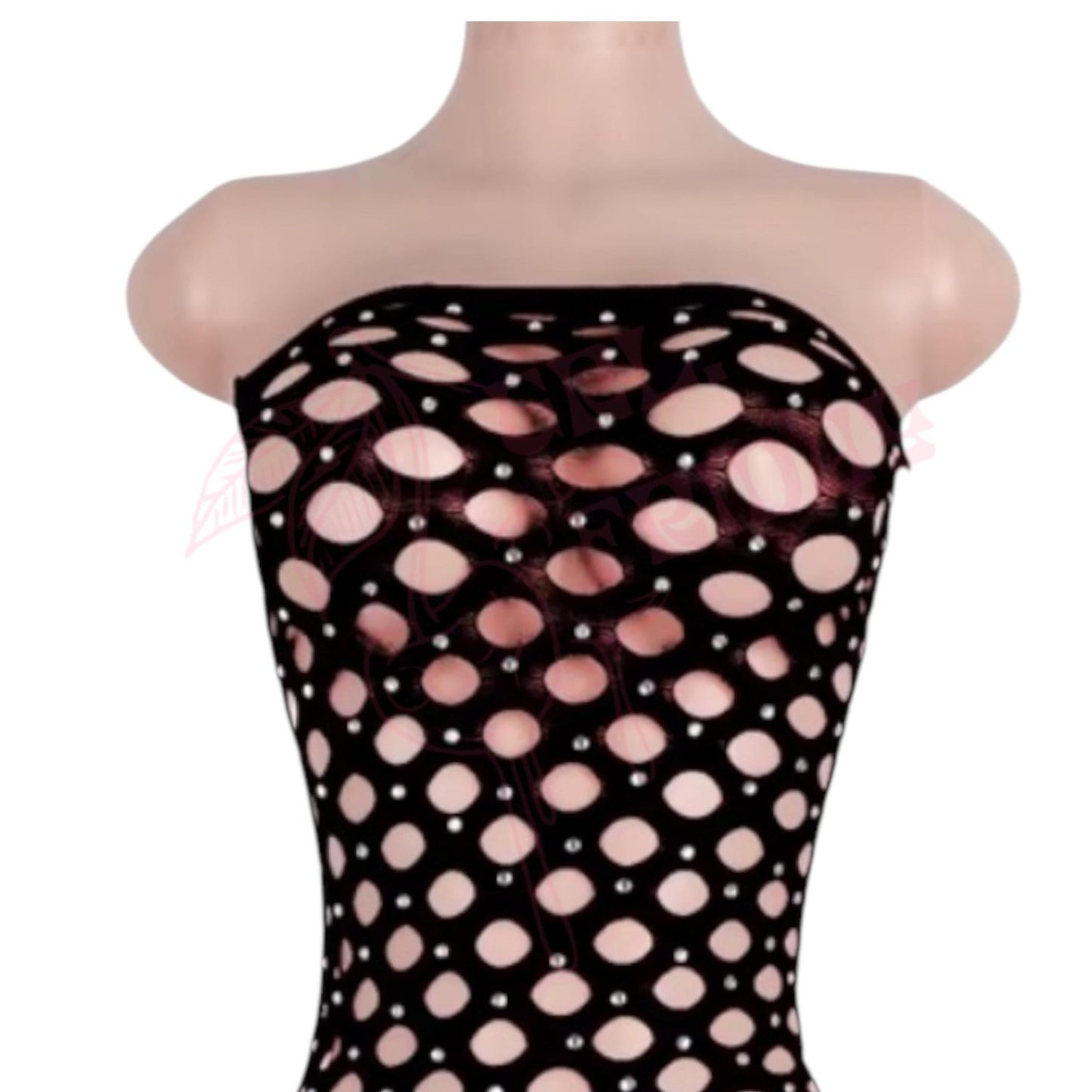 BLACK Mesh Large Diamond Fishnet Strapless Shorts Romper Bodystocking with Large Rhinestones Bling - GrlFriday Shop
