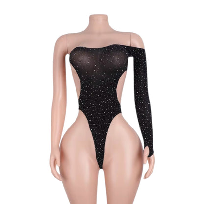 Black One Sleeve Cut out Rhinestoned Fishnet Bodysuit - GrlFriday Shop