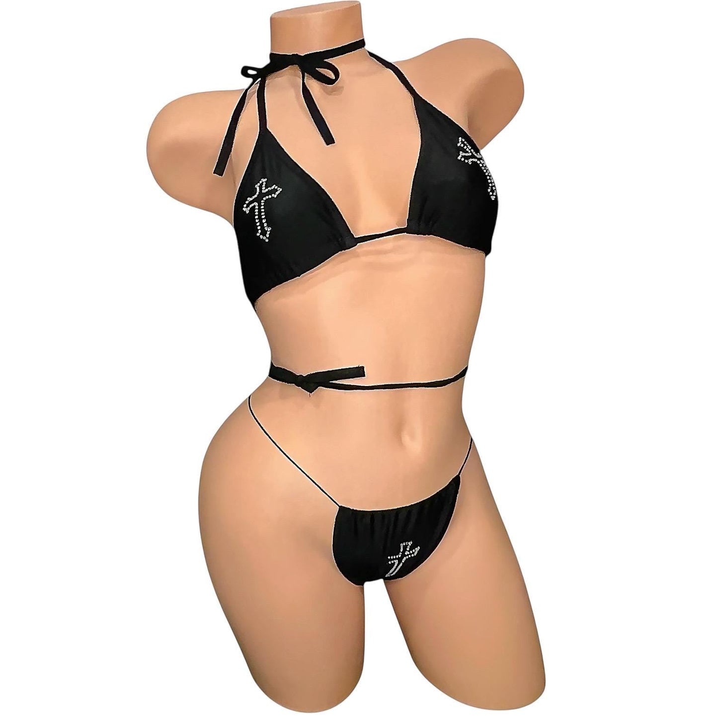 Black Rhinestoned Cross Tri - Kini Thong Bikini Set - GrlFriday Shop
