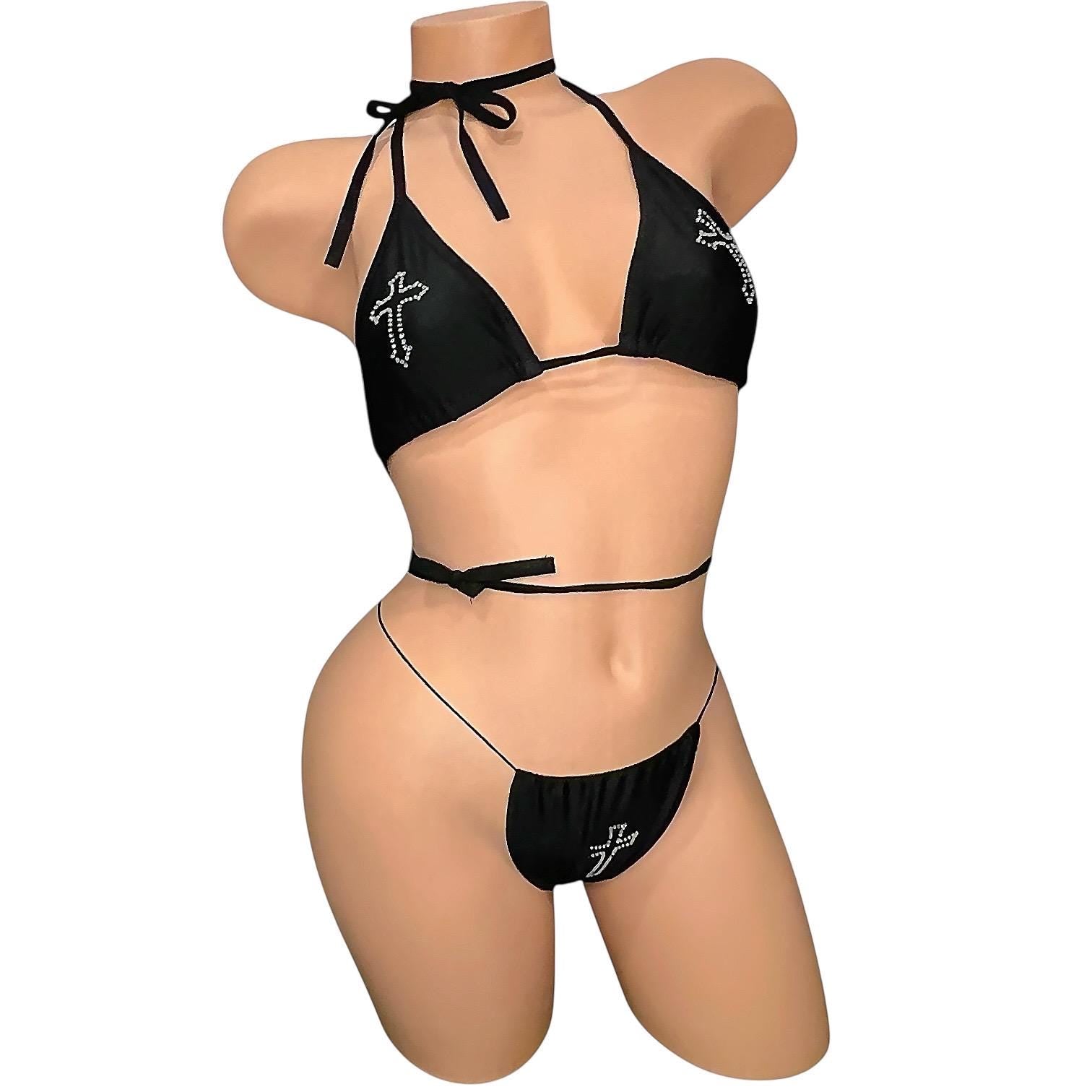 Black Rhinestoned Cross Tri - Kini Thong Bikini Set - GrlFriday Shop