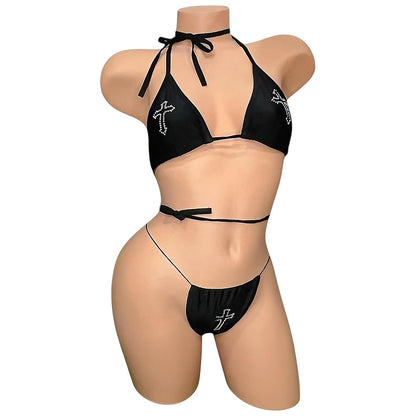 Black Rhinestoned Cross Tri - Kini Thong Bikini Set - GrlFriday Shop