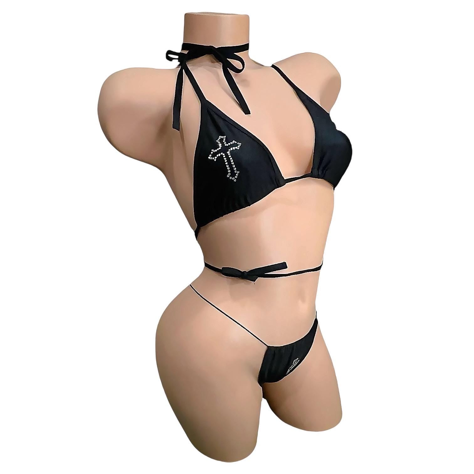 Black Rhinestoned Cross Tri - Kini Thong Bikini Set - GrlFriday Shop