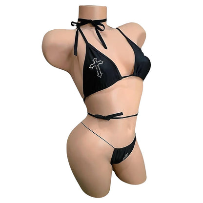 Black Rhinestoned Cross Tri - Kini Thong Bikini Set - GrlFriday Shop