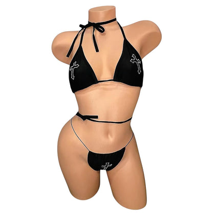 Black Rhinestoned Cross Tri - Kini Thong Bikini Set - GrlFriday Shop