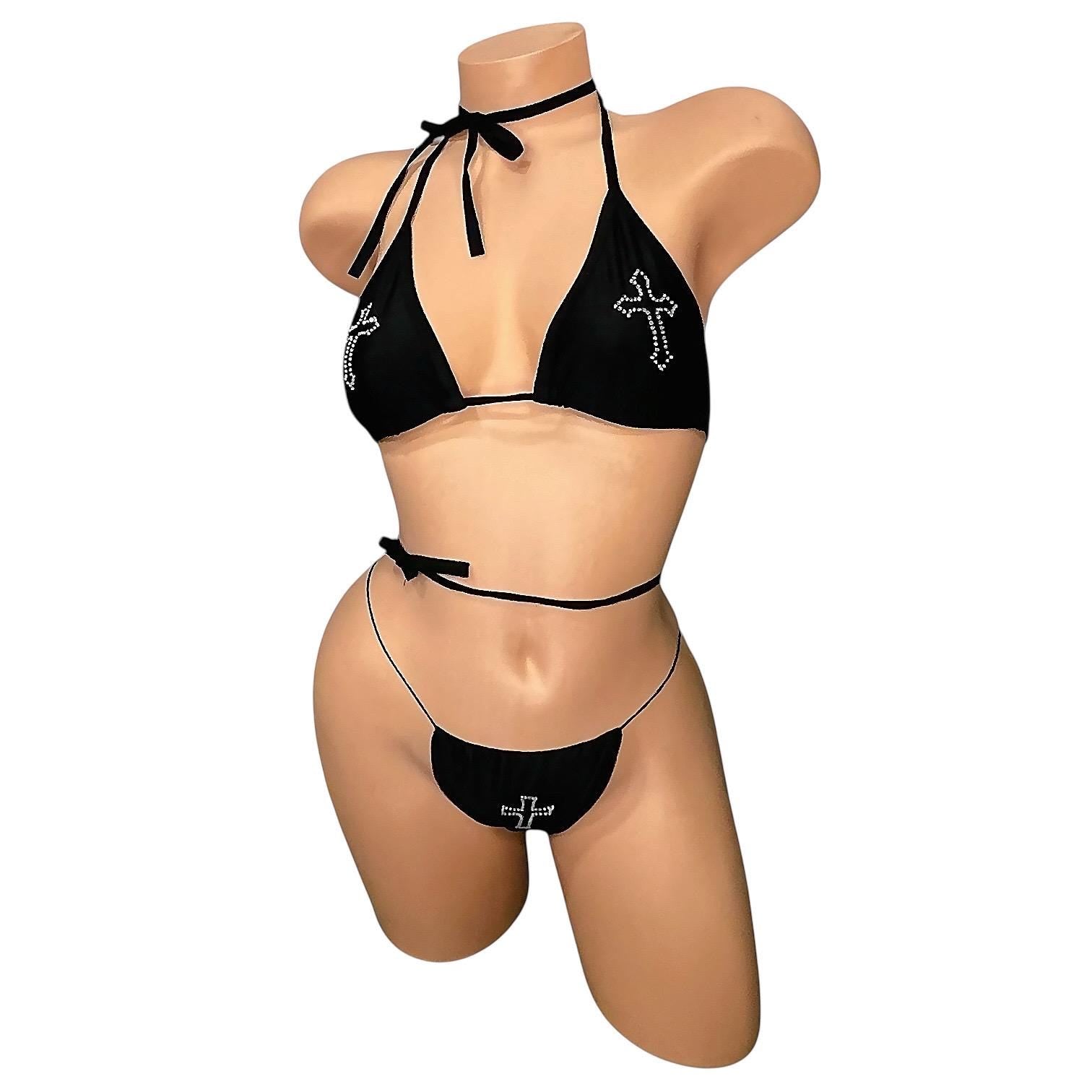 Black Rhinestoned Cross Tri - Kini Thong Bikini Set - GrlFriday Shop