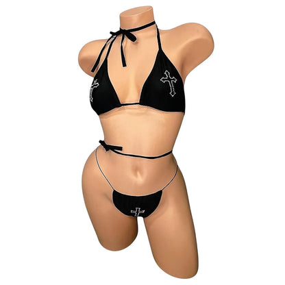 Black Rhinestoned Cross Tri - Kini Thong Bikini Set - GrlFriday Shop