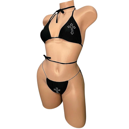 Black Rhinestoned Cross Tri - Kini Thong Bikini Set - GrlFriday Shop