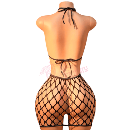 Black Rhinestoned Fishnet Halter Mini Dress - GrlFriday Shop