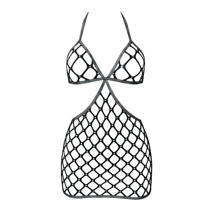 Black Rhinestoned Fishnet Halter Mini Dress - GrlFriday Shop