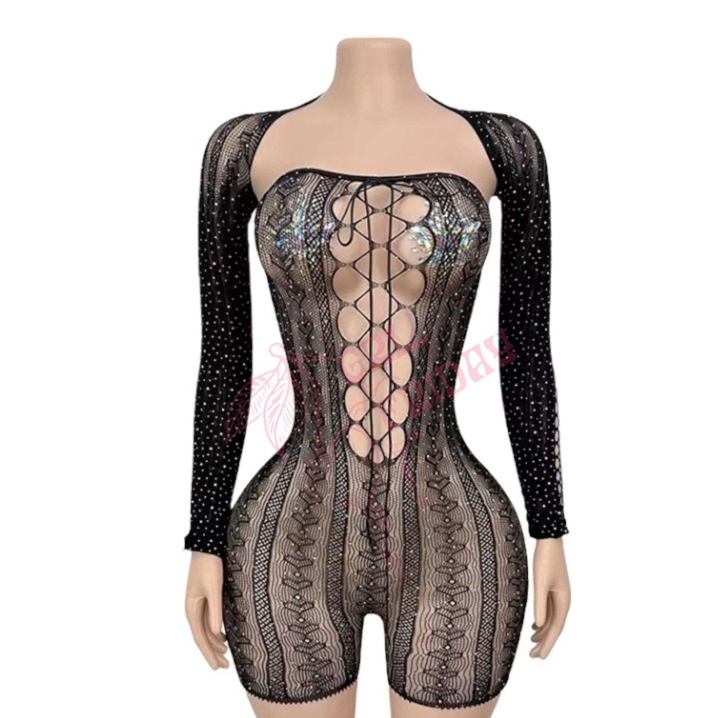 Black Rhinestoned Lace Up Sheer Mesh Fishnet Strapless Romper with Long Sleeve Shrug - GrlFriday Shop