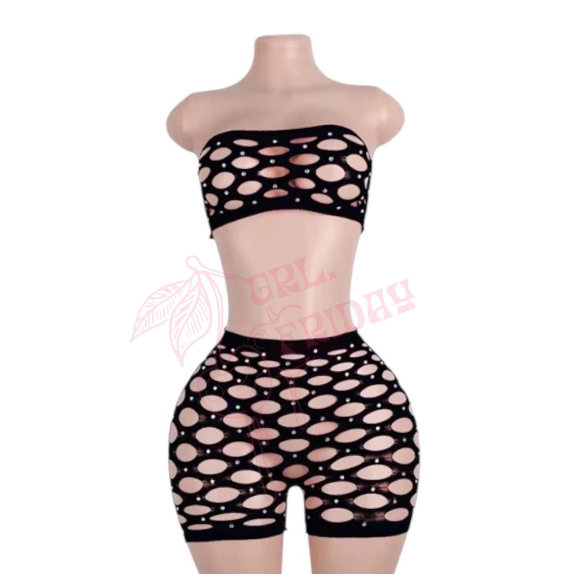 Black Rhinestoned Mesh Short Set - GrlFriday Shop
