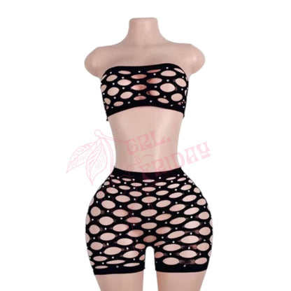 Black Rhinestoned Mesh Short Set - GrlFriday Shop