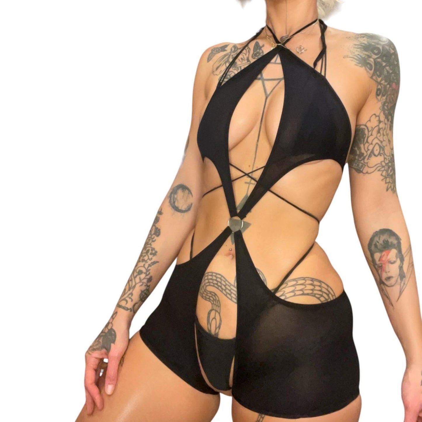 Black Sheer Halter Bodystocking with O - Ring Detail - GrlFriday Shop