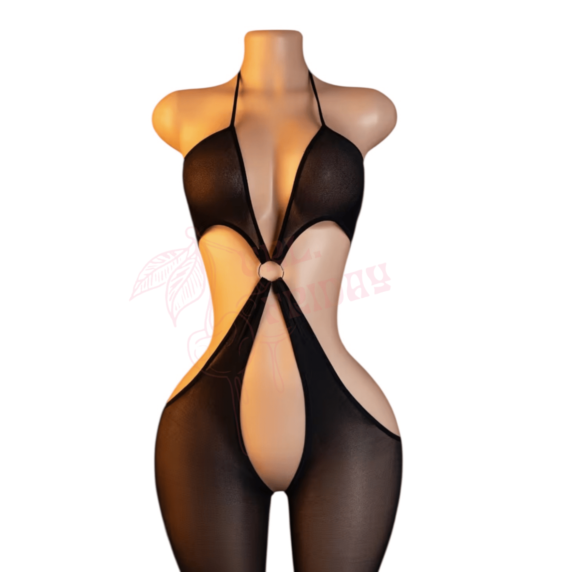 Black Sheer Halter Bodystocking with O - Ring Detail - GrlFriday Shop