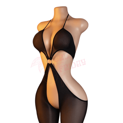 Black Sheer Halter Bodystocking with O - Ring Detail - GrlFriday Shop