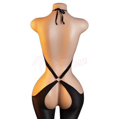 Black Sheer Halter Bodystocking with O - Ring Detail - GrlFriday Shop