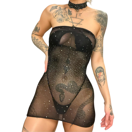 Black Strapless Sheer Dress with Rhinestones + Matching Choker - GrlFriday Shop