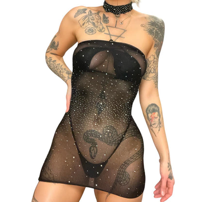 Black Strapless Sheer Dress with Rhinestones + Matching Choker - GrlFriday Shop
