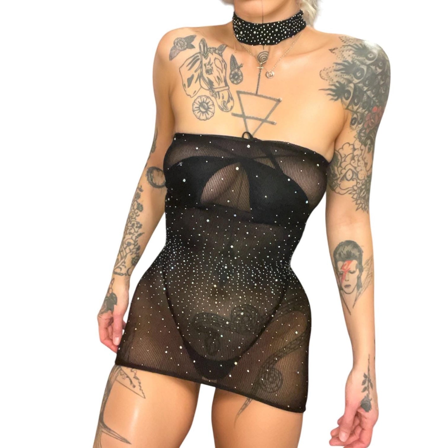 Black Strapless Sheer Dress with Rhinestones + Matching Choker - GrlFriday Shop