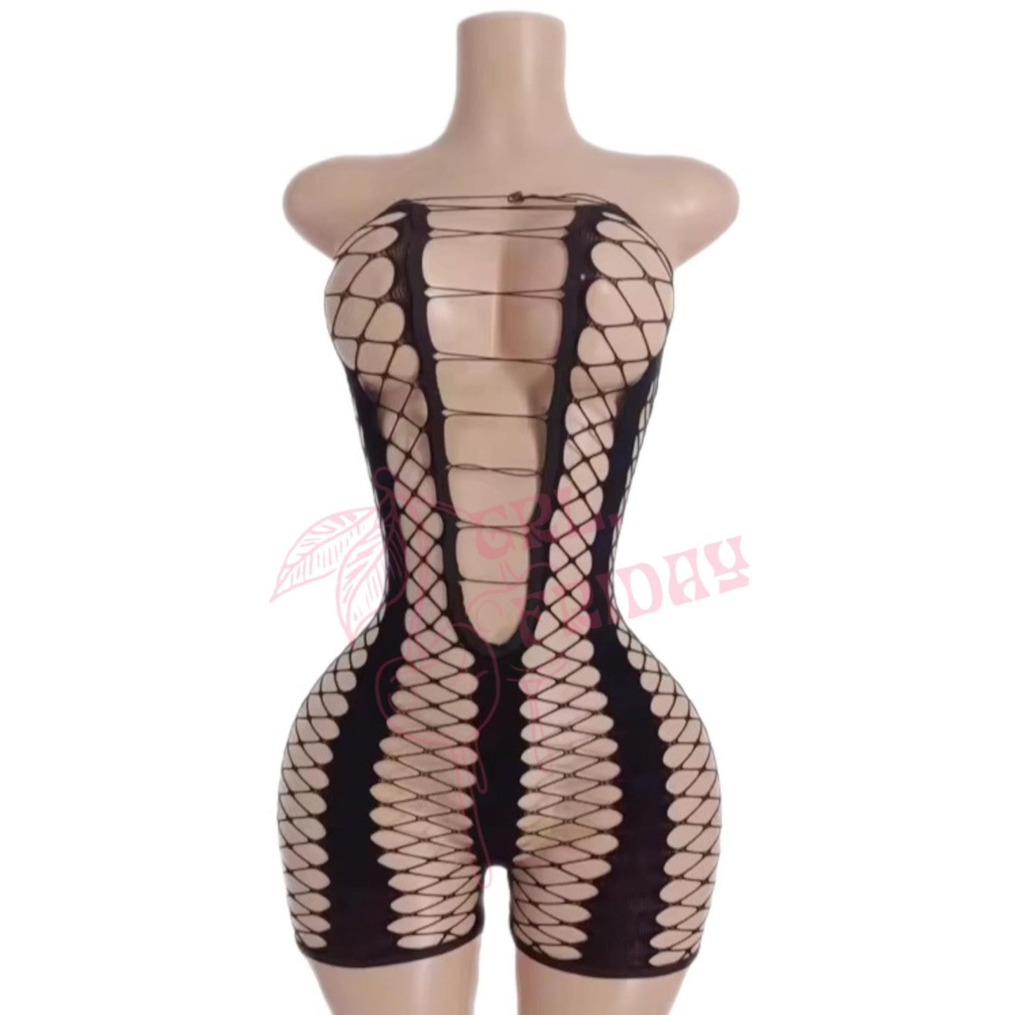 Black Strapless Striped Lace Up Fishnet Shorts Romper Bodystocking - GrlFriday Shop