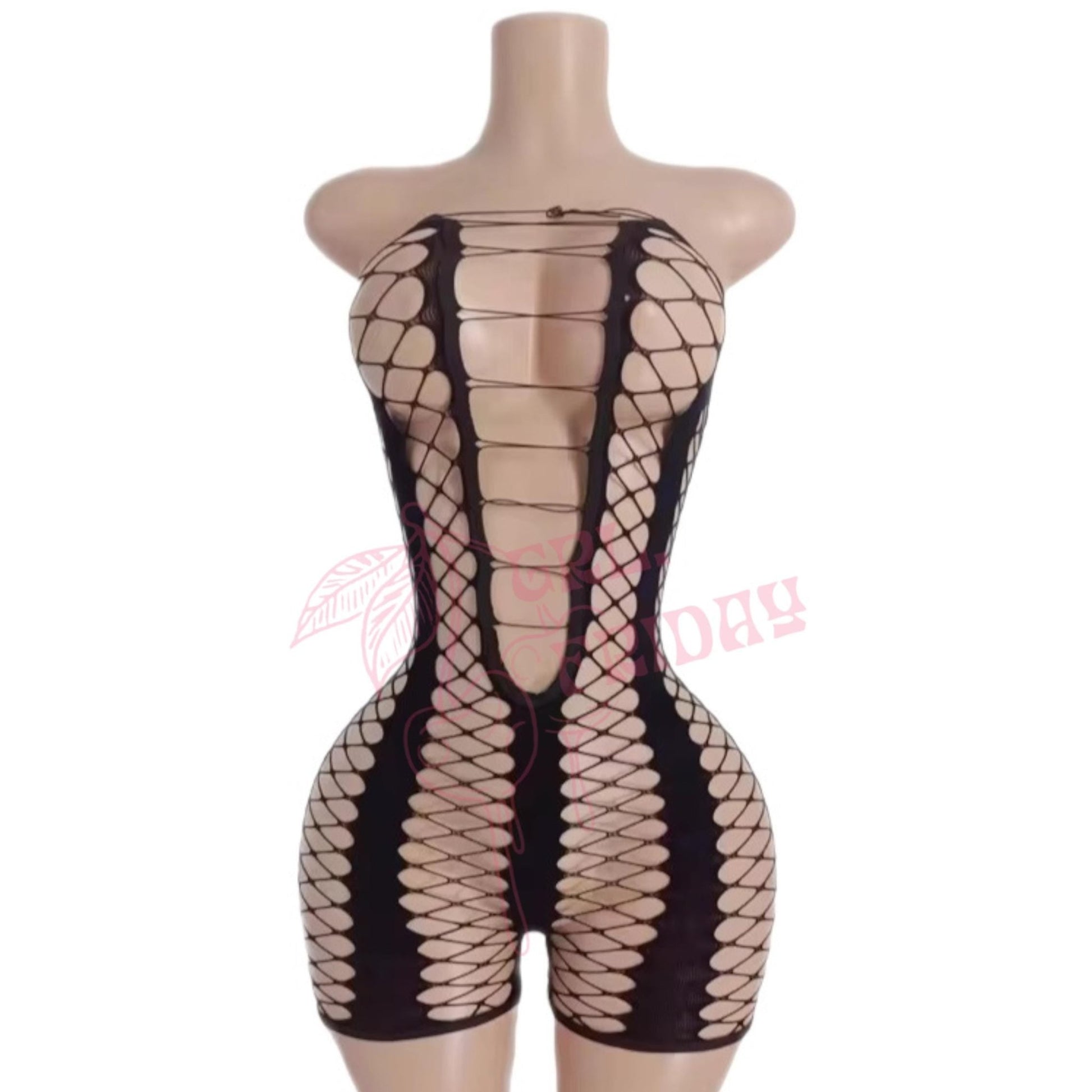 Black Strapless Striped Lace Up Fishnet Shorts Romper Bodystocking - GrlFriday Shop