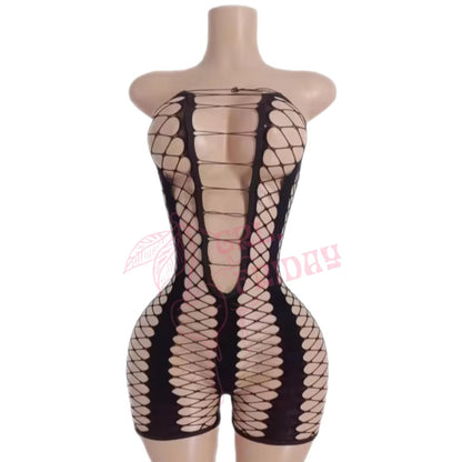 Black Strapless Striped Lace Up Fishnet Shorts Romper Bodystocking - GrlFriday Shop