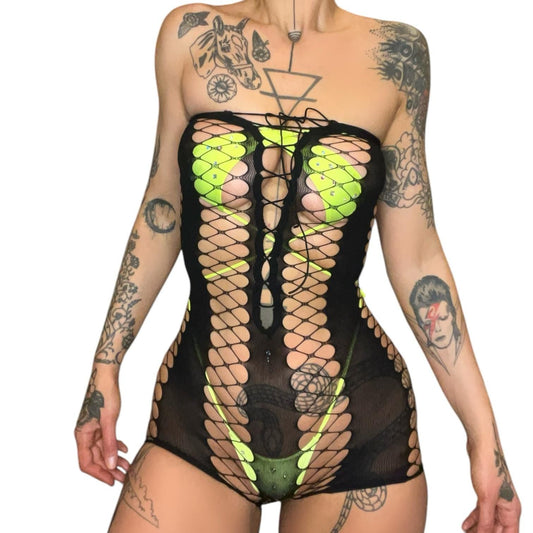 Black Strapless Striped Lace Up Fishnet Shorts Romper Bodystocking - GrlFriday Shop