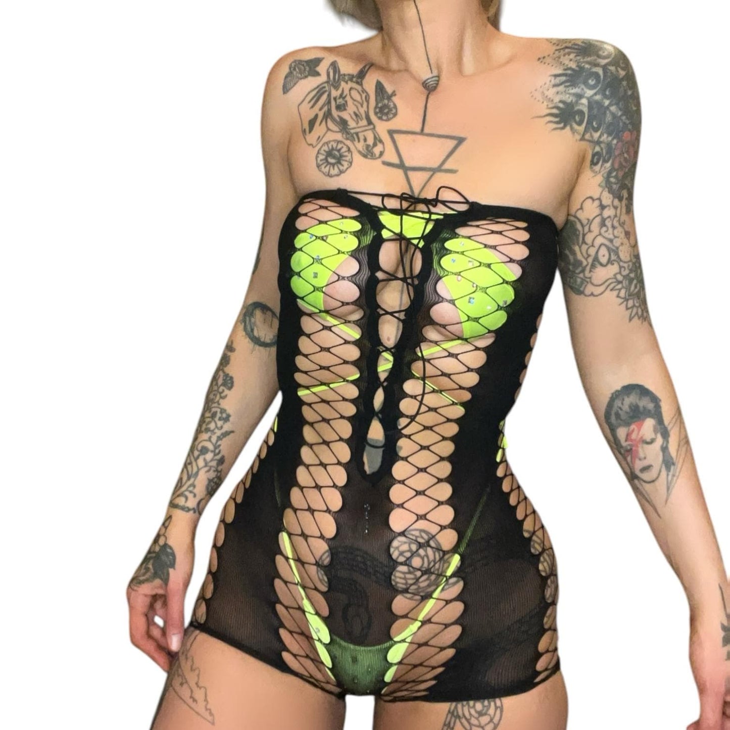 Black Strapless Striped Lace Up Fishnet Shorts Romper Bodystocking - GrlFriday Shop