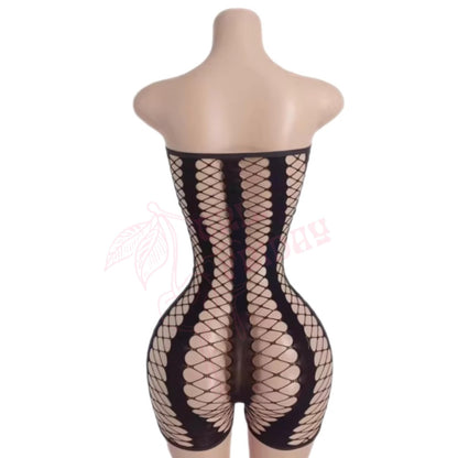Black Strapless Striped Lace Up Fishnet Shorts Romper Bodystocking - GrlFriday Shop
