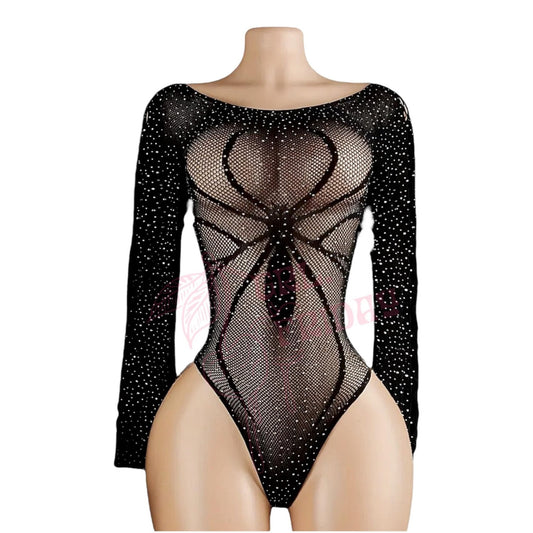 Black WIDOW Rhinestoned Bling Spider Fishnet Mesh Teddy - GrlFriday Shop